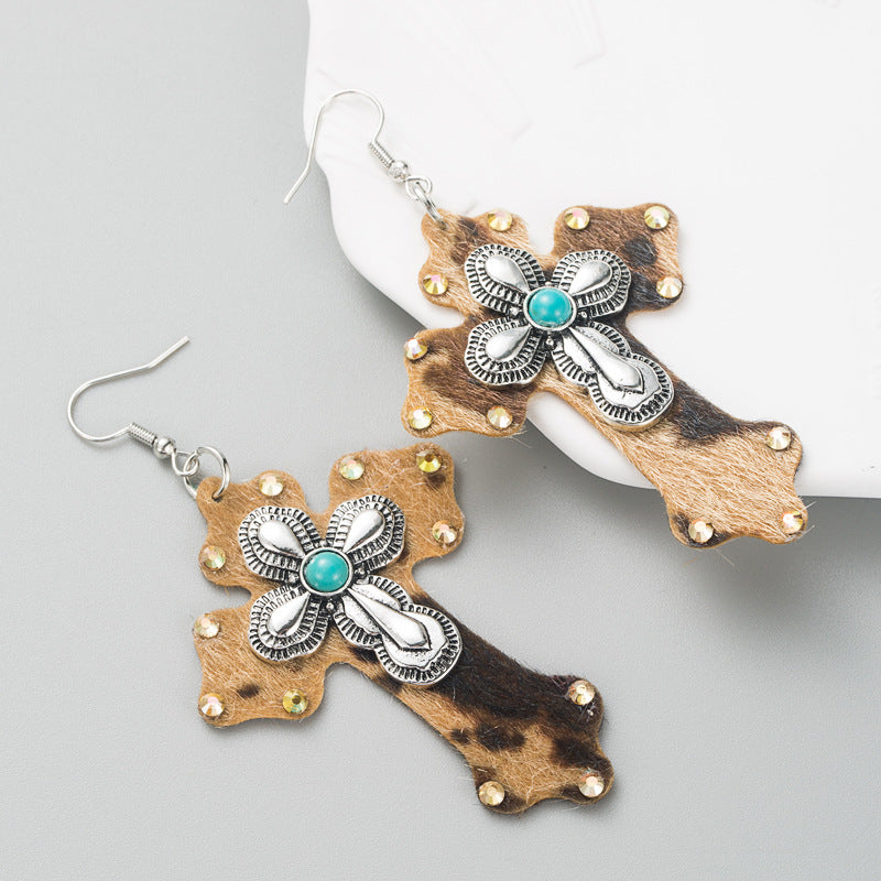 Wholesale Trendy Leopard Print Leather Cross Alloy Inlaid Turquoise Exaggerated Earrings